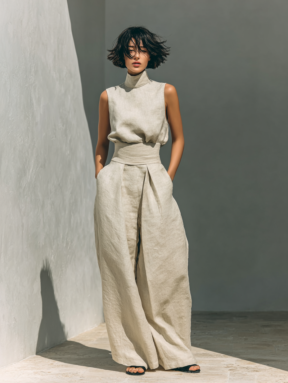 Maria - Conjunto de top y pantalones anchos de algodón y lino minimalista para mujer