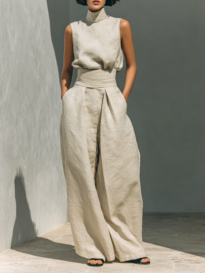 Maria - Conjunto de top y pantalones anchos de algodón y lino minimalista para mujer