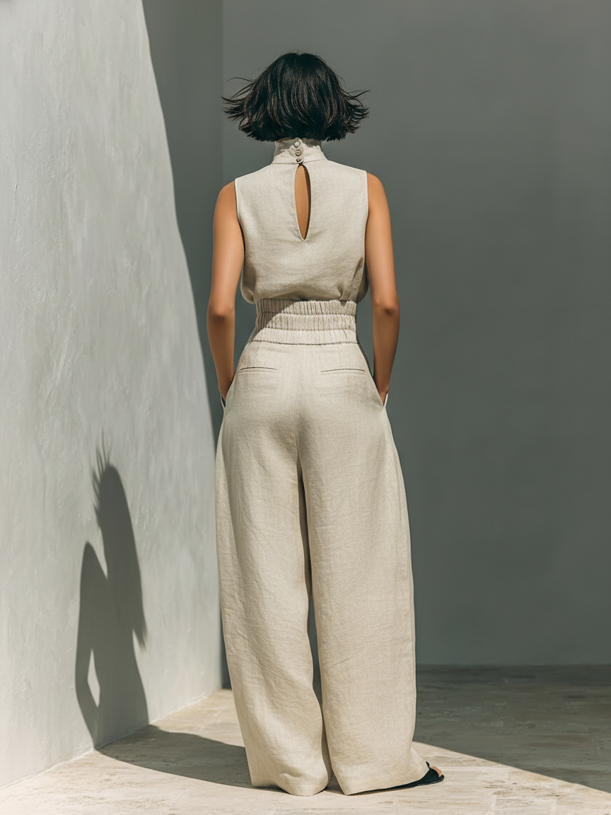 Maria - Conjunto de top y pantalones anchos de algodón y lino minimalista para mujer