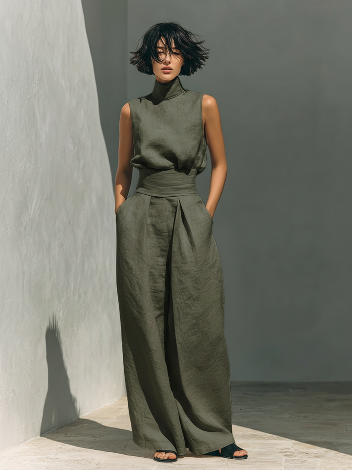 Maria - Conjunto de top y pantalones anchos de algodón y lino minimalista para mujer