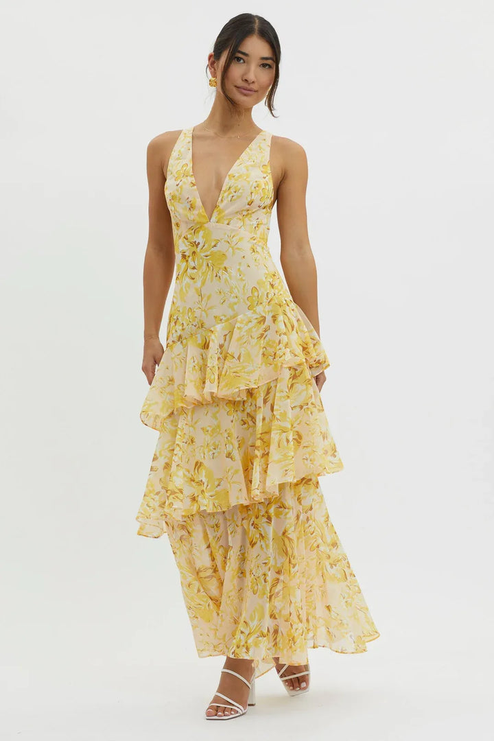 Maya - Vestido largo floral con volantes