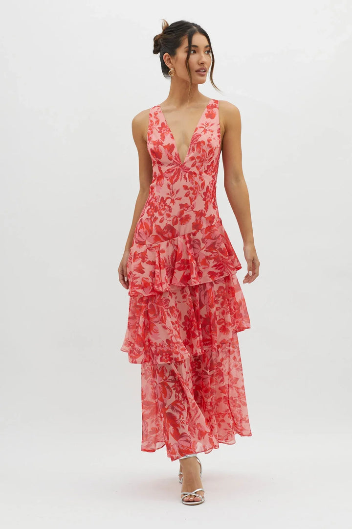 Maya - Vestido largo floral con volantes