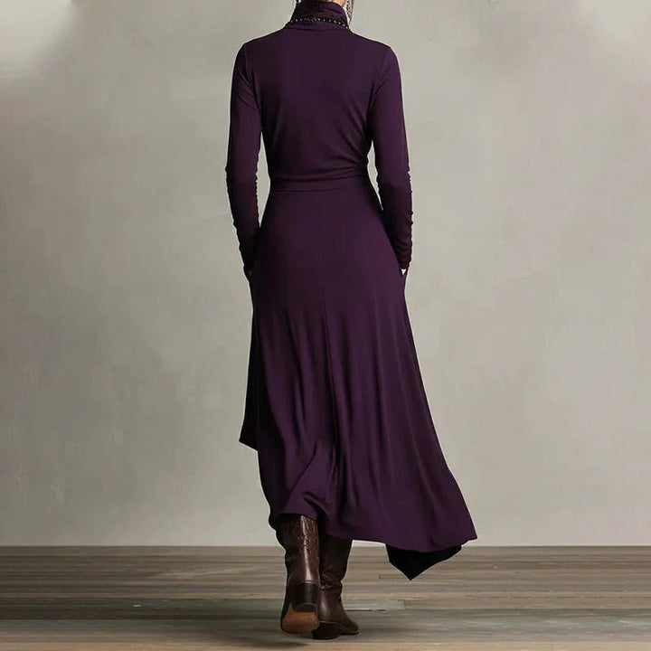 Elena - Vestido maxi elegante con cuello alto y drapeado asimétrico