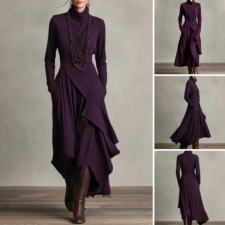 Elena - Vestido maxi elegante con cuello alto y drapeado asimétrico