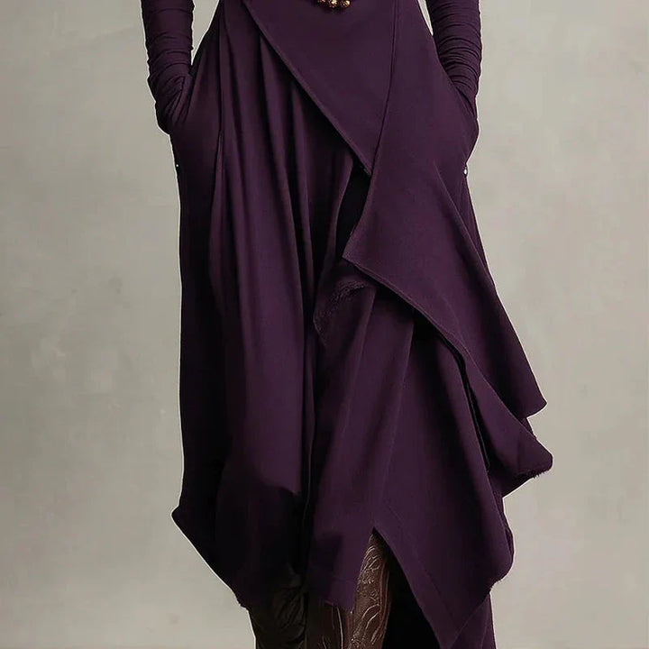 Elena - Vestido maxi elegante con cuello alto y drapeado asimétrico