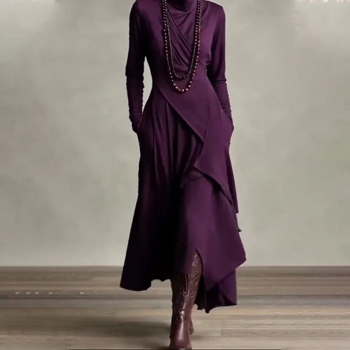 Elena - Vestido maxi elegante con cuello alto y drapeado asimétrico