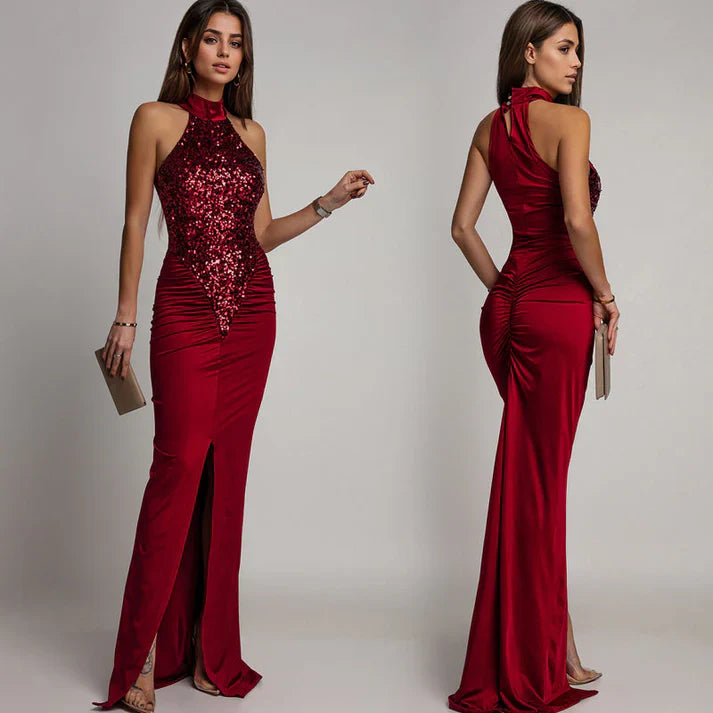 Victoria - Vestido halter con abertura y lentejuelas